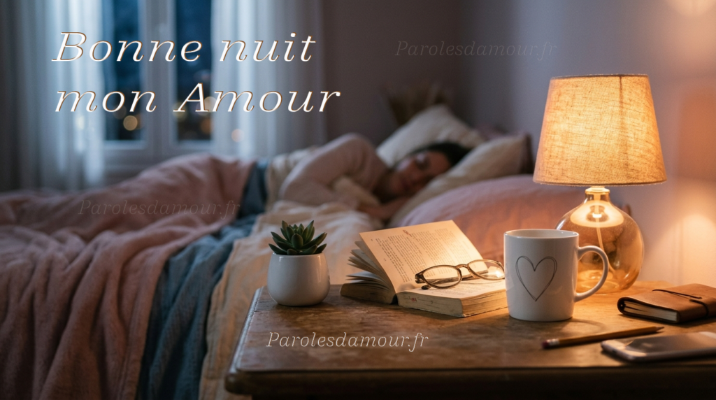 Message bonne nuit mon amour posé sur un mug personnalisé, ambiance tendre du soir – Paroles d'Amour
